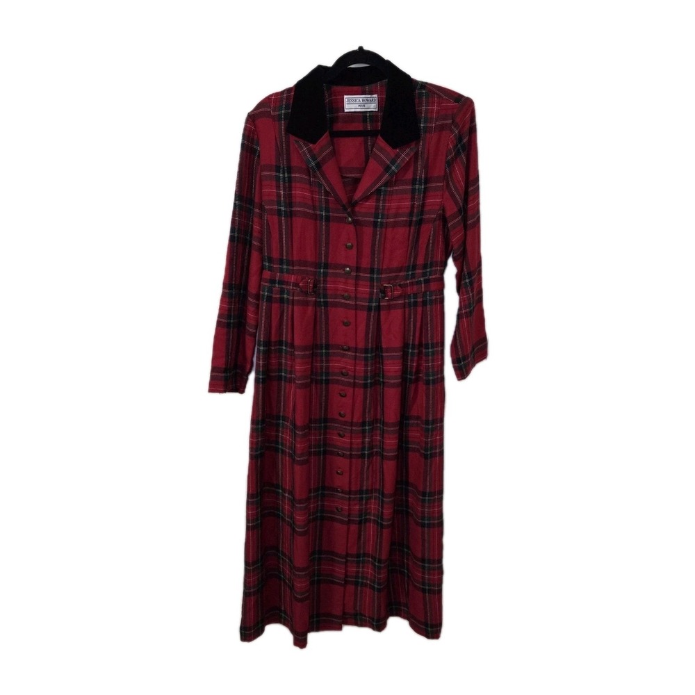 Vtg 90s Button Front Red Tartan Plaid Dress Velvet Collar Womens PL Holiday Xmas